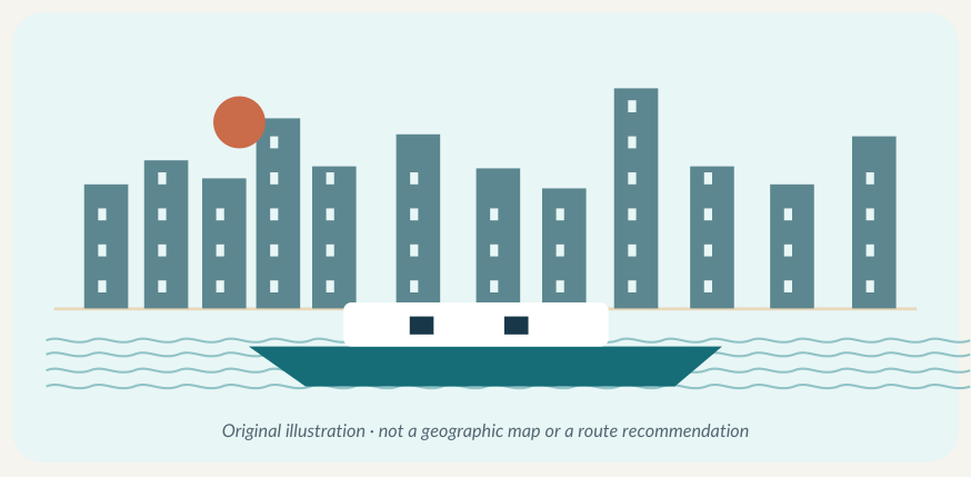 Original schematic ferry and waterfront illustration; not a geographic map or route recommendation.